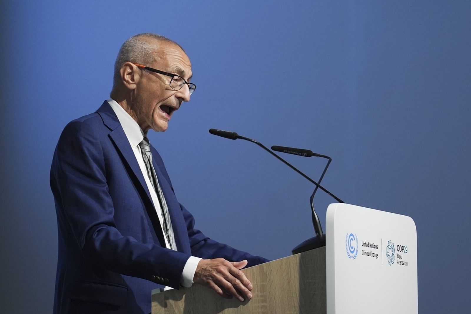 John Podesta, U.S. climate envoy, speaks during a news conference at the COP29 U.N. Climate Summit, Monday, Nov. 11, 2024, in Baku, Azerbaijan. (AP Photo/Joshua A. Bickel)