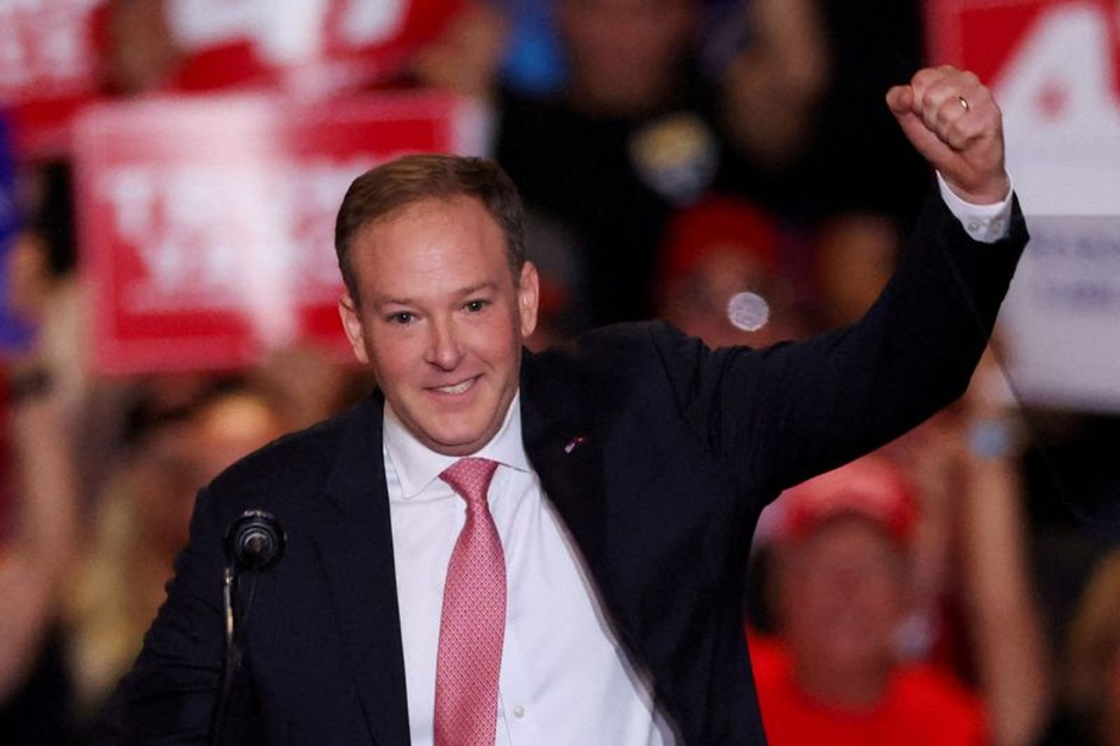 FILE PHOTO: Former U.S. Rep. Lee Zeldin gestures at the Nassau Veterans Memorial Coliseum during a rally held by Republican presidential nominees and former U.S. President Donald Trump, in Uniondale, New York, U.S., September 18, 2024. REUTERS/Brendan McDermid/File Photo